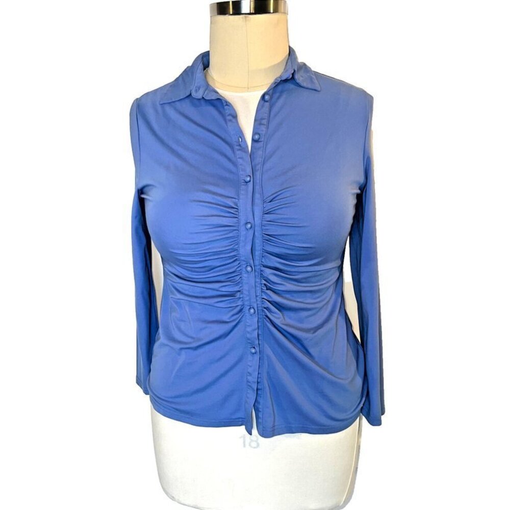 Mliyasan - Women's XL Blouse Soft Blue Ruched Front Button Long Sleeve Stretch